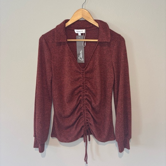 GILLI Women’s Collared Long Sleeve Brown Top with Gathered Front Detail Small - Picture 1 of 9